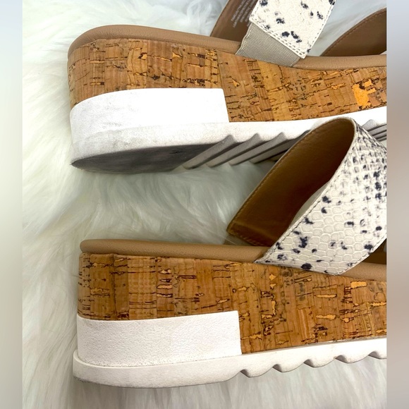 Steve Madden Thalia | Nude & Snakeskin Double Strap Cork Wedge Platform Sandals - Picture 5 of 6